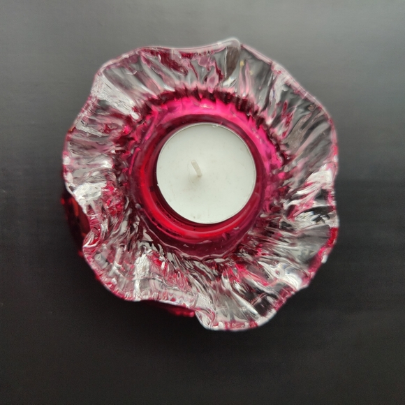 Cranberry Glass Candle Holder with Ruffled Edge - Picture 3 of 13